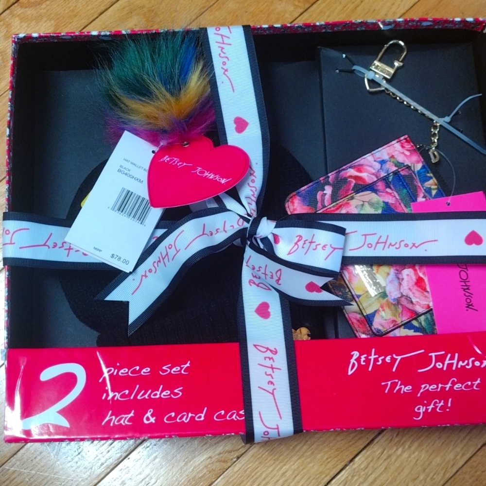 - Betsey Johnson black hat w colorful pom & floral card case gift box